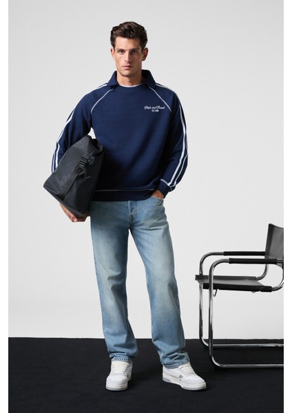 CASIMIR Erkek Göğsü Nakışlı Karyoka Dikişli Omuz Ve Kolları Şeritli Ribanalı Polo Yaka Lacivert Swea fırsatları