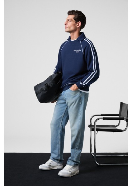 CASIMIR Erkek Göğsü Nakışlı Karyoka Dikişli Omuz Ve Kolları Şeritli Ribanalı Polo Yaka Lacivert Swea indirimleri