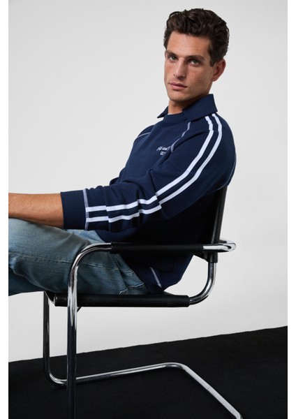 CASIMIR Erkek Göğsü Nakışlı Karyoka Dikişli Omuz Ve Kolları Şeritli Ribanalı Polo Yaka Lacivert Swea