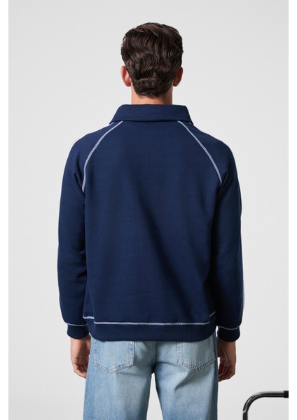 CASIMIR Erkek Göğsü Nakışlı Karyoka Dikişli Omuz Ve Kolları Şeritli Ribanalı Polo Yaka Lacivert Swea