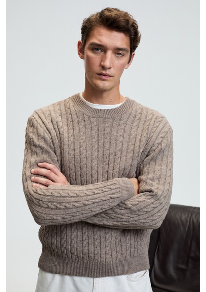 VINTLACE Erkek Yuvarlak Yaka Saç Örgü Desenli Regular Fit Triko Bej Kazak