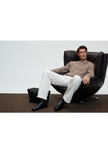 VINTLACE Erkek Yuvarlak Yaka Saç Örgü Desenli Regular Fit Triko Bej Kazak modelleri