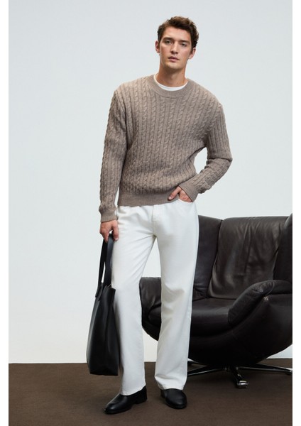 VINTLACE Erkek Yuvarlak Yaka Saç Örgü Desenli Regular Fit Triko Bej Kazak