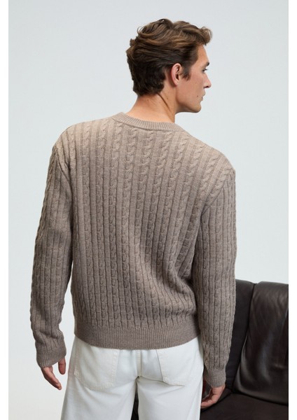 VINTLACE Erkek Yuvarlak Yaka Saç Örgü Desenli Regular Fit Triko Bej Kazak