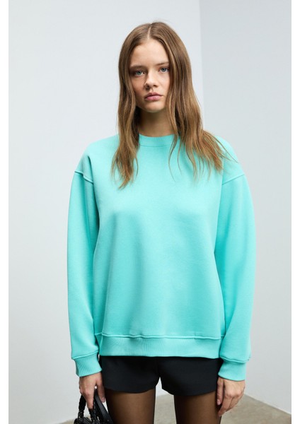 KARIUS Kadın Organik Pamuklu İçi Polarlı Oversize Yuvarlak Yakalı Mavi Sweatshirt