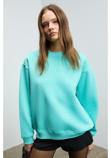 KARIUS Kadın Organik Pamuklu İçi Polarlı Oversize Yuvarlak Yakalı Mavi Sweatshirt fiyatları