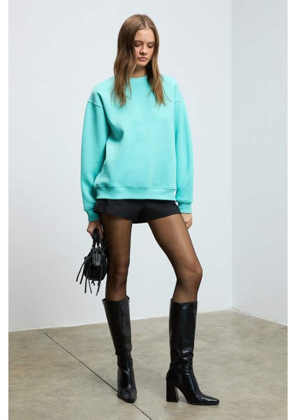 KARIUS Kadın Organik Pamuklu İçi Polarlı Oversize Yuvarlak Yakalı Mavi Sweatshirt fırsatları