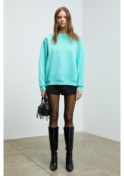 KARIUS Kadın Organik Pamuklu İçi Polarlı Oversize Yuvarlak Yakalı Mavi Sweatshirt