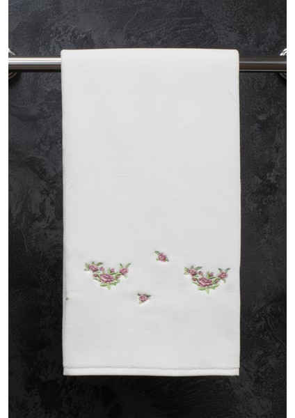 Kadife Nakışlı %100 Pamuklu El-Yüz Havlusu 50x90 cm Ekru 1 Adet Little Rose