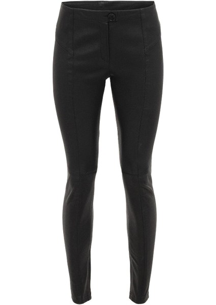 Siyah Kadın Tayt Astarsız Önden Fermuarlı Düğmeli Cepsiz Dar Paça Hakiki Streç Deri Pantolon fırsatları