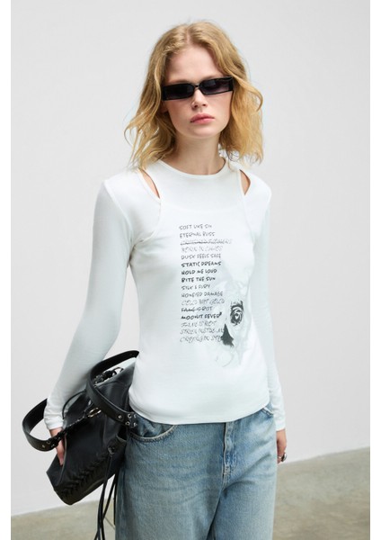 ZARABI Kadın Yumuşak Kumaşlı Halter Yakalı Uzun Kollu Beyaz T-Shirt modelleri