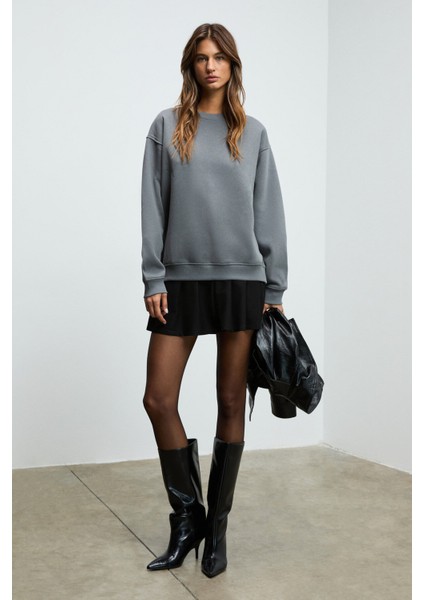 KARIUS Kadın Organik Pamuklu İçi Polarlı Oversize Yuvarlak Yakalı Gri Sweatshirt