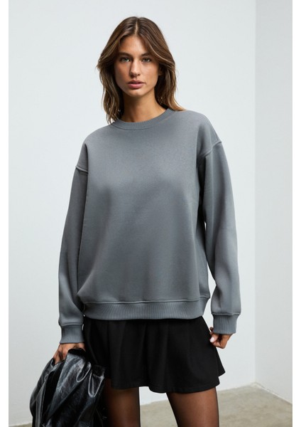 KARIUS Kadın Organik Pamuklu İçi Polarlı Oversize Yuvarlak Yakalı Gri Sweatshirt modelleri