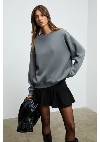 KARIUS Kadın Organik Pamuklu İçi Polarlı Oversize Yuvarlak Yakalı Gri Sweatshirt fırsatları