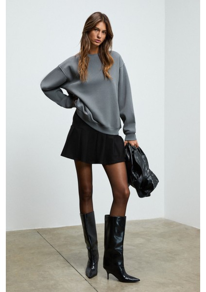 KARIUS Kadın Organik Pamuklu İçi Polarlı Oversize Yuvarlak Yakalı Gri Sweatshirt indirimleri