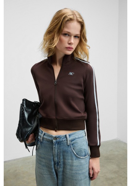 REPETA Kadın Dik Yakalı Nakış Detaylı Fermuarlı Slim Fit Kahverengi Ceket