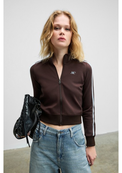 REPETA Kadın Dik Yakalı Nakış Detaylı Fermuarlı Slim Fit Kahverengi Ceket fiyatları