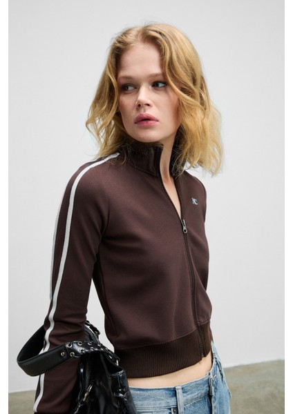 REPETA Kadın Dik Yakalı Nakış Detaylı Fermuarlı Slim Fit Kahverengi Ceket modelleri