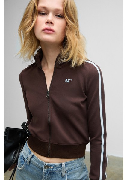 REPETA Kadın Dik Yakalı Nakış Detaylı Fermuarlı Slim Fit Kahverengi Ceket fırsatları