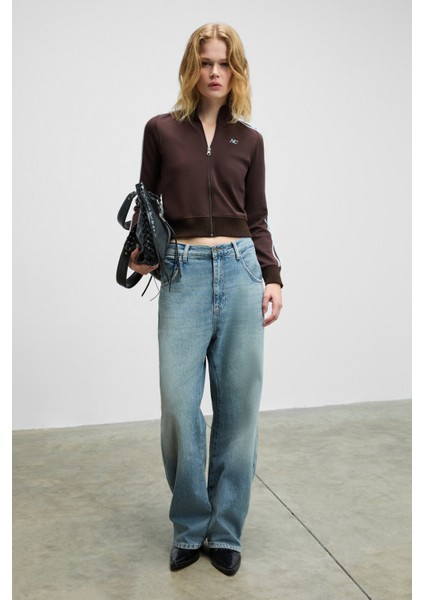 REPETA Kadın Dik Yakalı Nakış Detaylı Fermuarlı Slim Fit Kahverengi Ceket