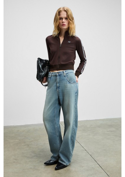 REPETA Kadın Dik Yakalı Nakış Detaylı Fermuarlı Slim Fit Kahverengi Ceket