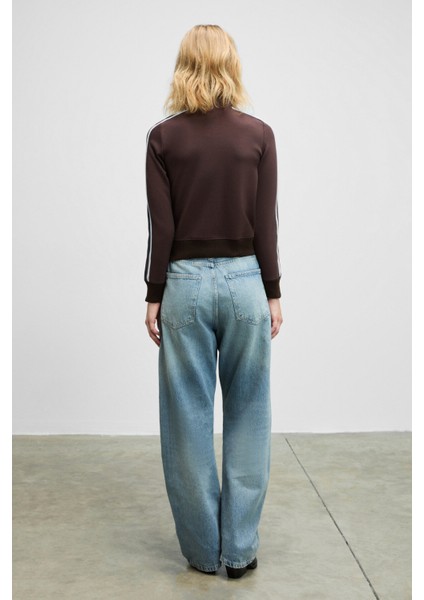 REPETA Kadın Dik Yakalı Nakış Detaylı Fermuarlı Slim Fit Kahverengi Ceket