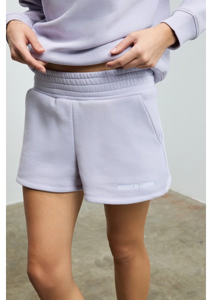 CARROL Kadın Nakış İşlemeli Beli Lastikli 3 İplik Organik Pamuk Relaxed Lila Şort fırsatları