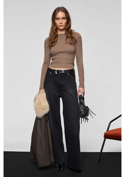 PIEDRA Kadın %100 Pamuk Geniş Paça Paçası Dikişsiz Bitişli Denim Siyah Jeans