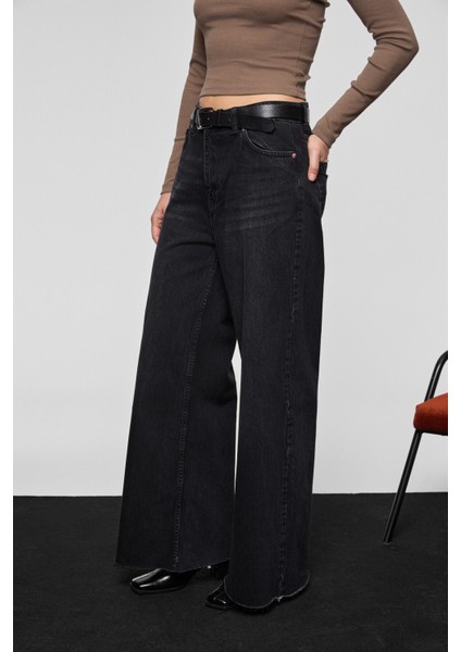 PIEDRA Kadın %100 Pamuk Geniş Paça Paçası Dikişsiz Bitişli Denim Siyah Jeans indirimleri