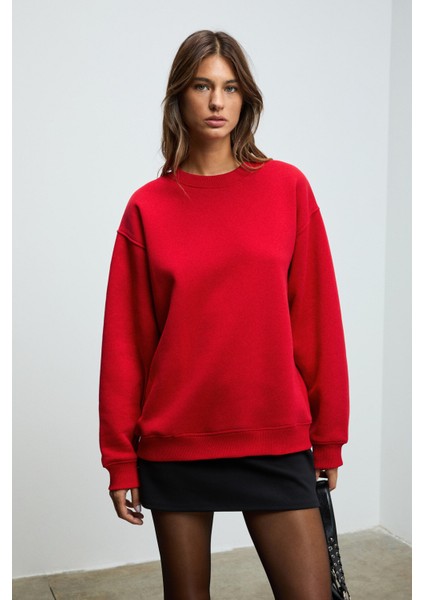 KARIUS Kadın Organik Pamuklu İçi Polarlı Oversize Yuvarlak Yakalı Kırmızı Sweatshirt