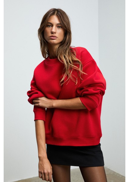 KARIUS Kadın Organik Pamuklu İçi Polarlı Oversize Yuvarlak Yakalı Kırmızı Sweatshirt fırsatları