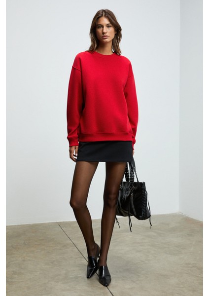 KARIUS Kadın Organik Pamuklu İçi Polarlı Oversize Yuvarlak Yakalı Kırmızı Sweatshirt indirimleri