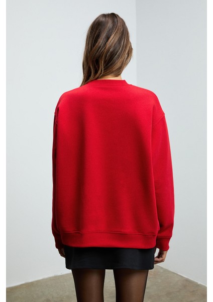 KARIUS Kadın Organik Pamuklu İçi Polarlı Oversize Yuvarlak Yakalı Kırmızı Sweatshirt
