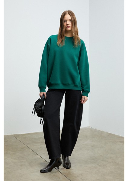 KARIUS Kadın Organik Pamuklu İçi Polarlı Oversize Yuvarlak Yakalı Koyu Yeşil Sweatshirt fırsatları