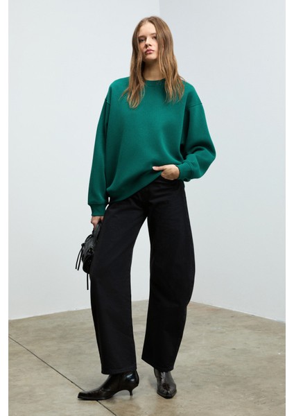 KARIUS Kadın Organik Pamuklu İçi Polarlı Oversize Yuvarlak Yakalı Koyu Yeşil Sweatshirt indirimleri