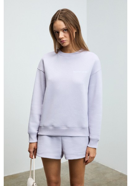 Jennıfer Kadın Organik Pamuklu Nakışlı Yuvarlak Yakalı Oversize Lila Sweatshirt