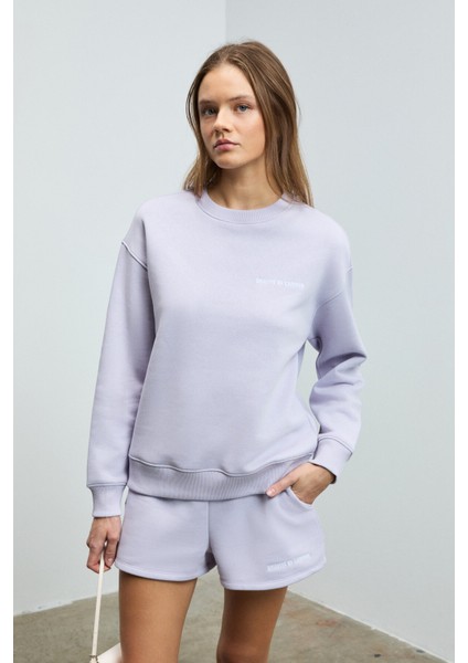Jennıfer Kadın Organik Pamuklu Nakışlı Yuvarlak Yakalı Oversize Lila Sweatshirt modelleri
