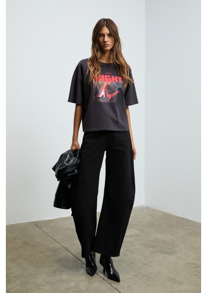 AYUKRA Kadın Yumuşak Ve Esnek Kumaşlı Baskı Detaylı Bisiklet Yakalı Antrasit T-Shirt fırsatları