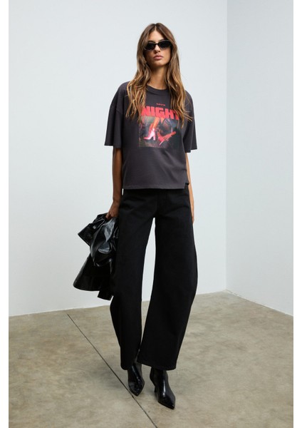 AYUKRA Kadın Yumuşak Ve Esnek Kumaşlı Baskı Detaylı Bisiklet Yakalı Antrasit T-Shirt indirimleri