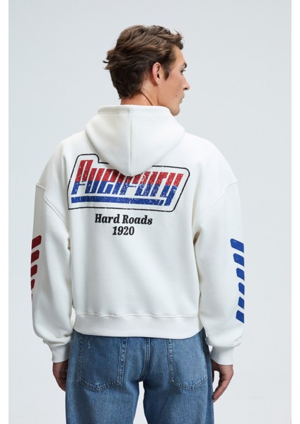 ABISMO Erkek Kapüşonlu Kanguru Cepli Kolları ve Sırtı Baskılı Relaxed Fit Beyaz Sweatshirt