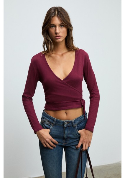 OLIVIERNS Kadın Önden Bağlamalı Vücudu Saran Nefes Alan Kumaşlı Bordo Bluz