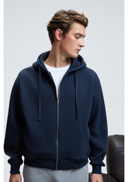 ASHBY Erkek Kapüşonlu Fermuarlı Cepli Kordonlu Regular Fit Lacivert Sweatshirt