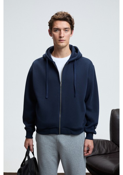 ASHBY Erkek Kapüşonlu Fermuarlı Cepli Kordonlu Regular Fit Lacivert Sweatshirt fiyatları