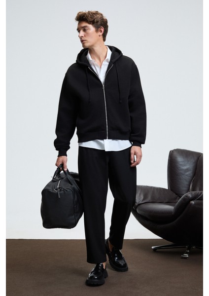 ASHBY Erkek Kapüşonlu Fermuarlı Cepli Kordonlu Regular Fit Siyah Sweatshirt