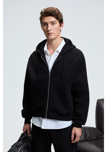 ASHBY Erkek Kapüşonlu Fermuarlı Cepli Kordonlu Regular Fit Siyah Sweatshirt fiyatları