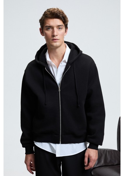 ASHBY Erkek Kapüşonlu Fermuarlı Cepli Kordonlu Regular Fit Siyah Sweatshirt modelleri