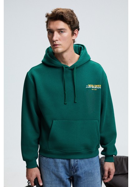 PASCAL Erkek Kapüşonlu Kanguru Cepli Önü Ve Sırtı Baskılı Regular Fit Yeşil Sweatshirt