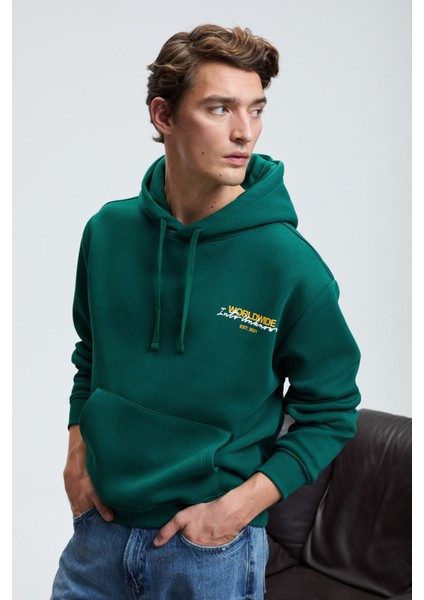 PASCAL Erkek Kapüşonlu Kanguru Cepli Önü Ve Sırtı Baskılı Regular Fit Yeşil Sweatshirt modelleri