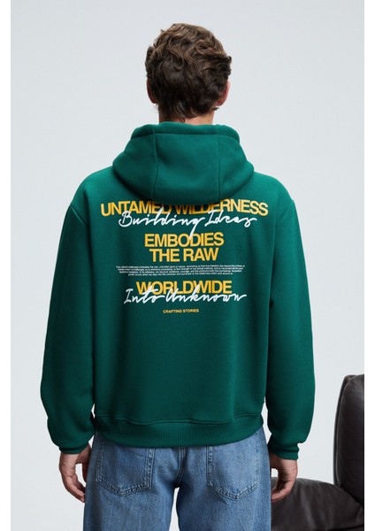 PASCAL Erkek Kapüşonlu Kanguru Cepli Önü Ve Sırtı Baskılı Regular Fit Yeşil Sweatshirt fırsatları