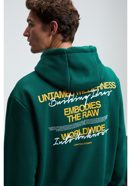 PASCAL Erkek Kapüşonlu Kanguru Cepli Önü Ve Sırtı Baskılı Regular Fit Yeşil Sweatshirt indirimleri